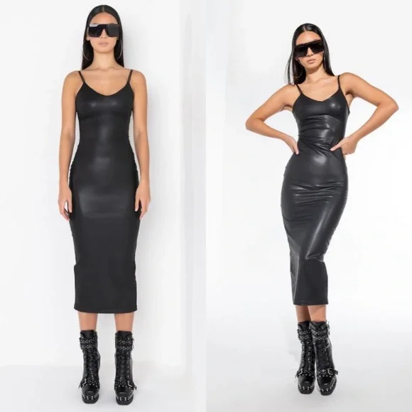 Black Longline Faux Leather Midi Dress - Picture 4 of 5